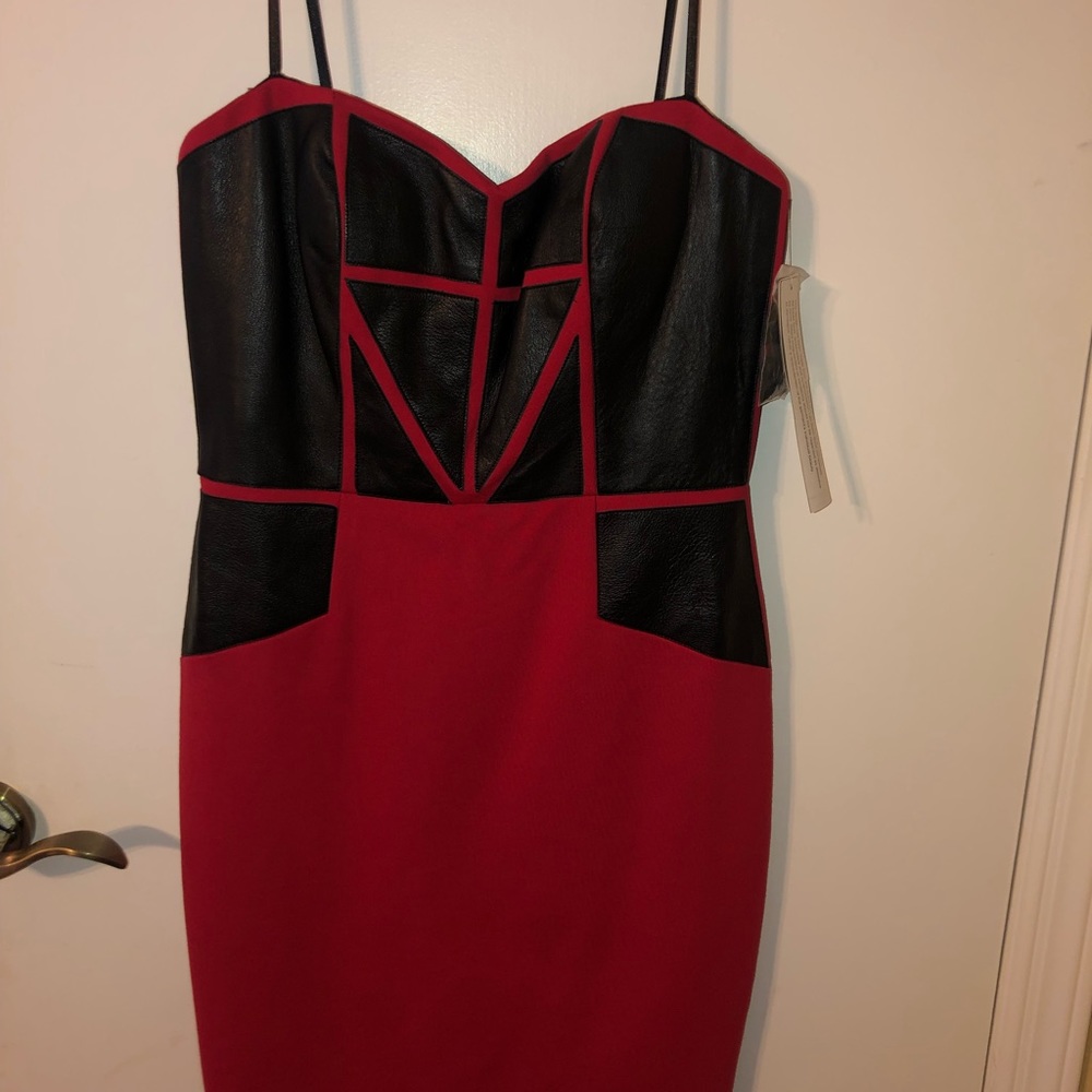 Aidan Mattox red/black strapless leather bustier dress